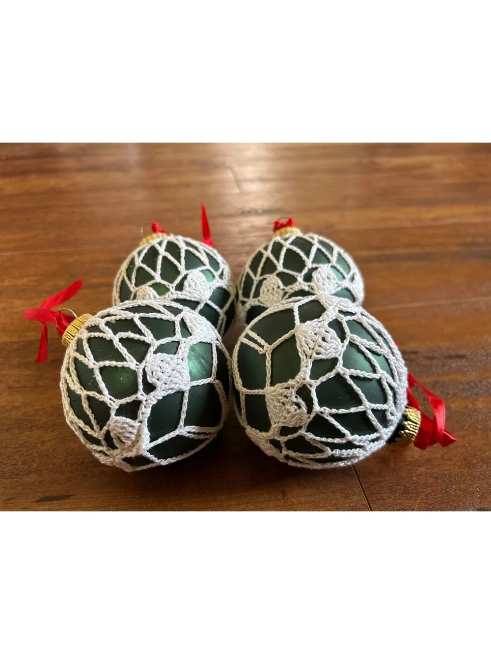 Set of 4 Green Christmas Ornaments with White Crochet Covers and Red Ribbon HANG
